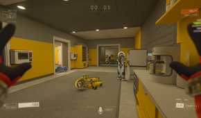 A player pointing a gun at another player with his hands up