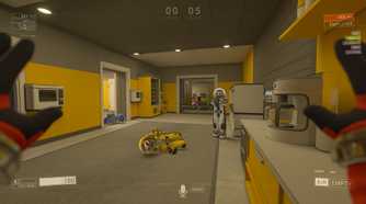 A player pointing a gun at another player with his hands up