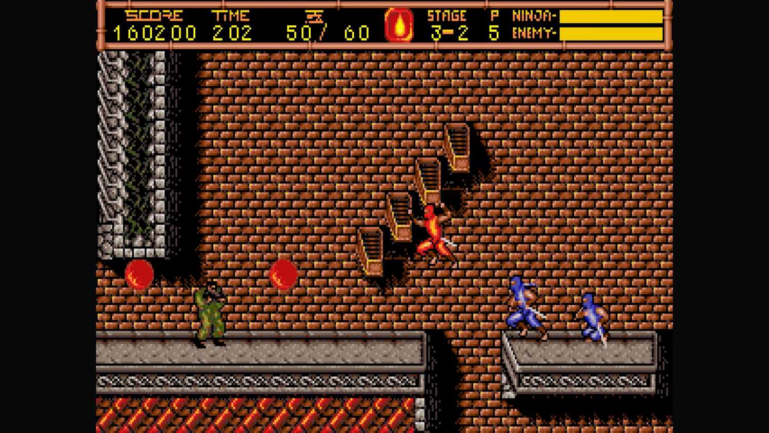 ninja gaiden 2 ryu platforming in front of a brick wall