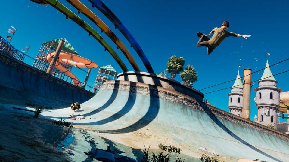 A skater performs a trick in the air in Tony Hawk's Pro Skater 3+4
