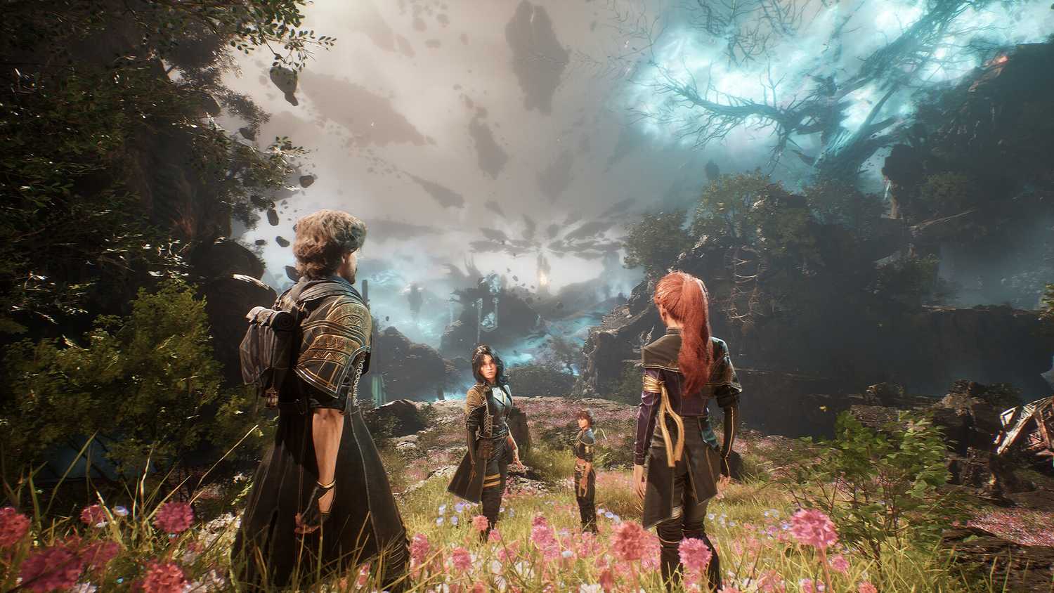 clair obscur expedition 33 four party members overlooking a cliff