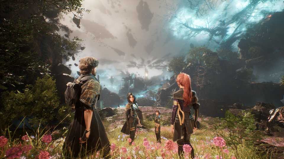 clair obscur expedition 33 four party members overlooking a cliff