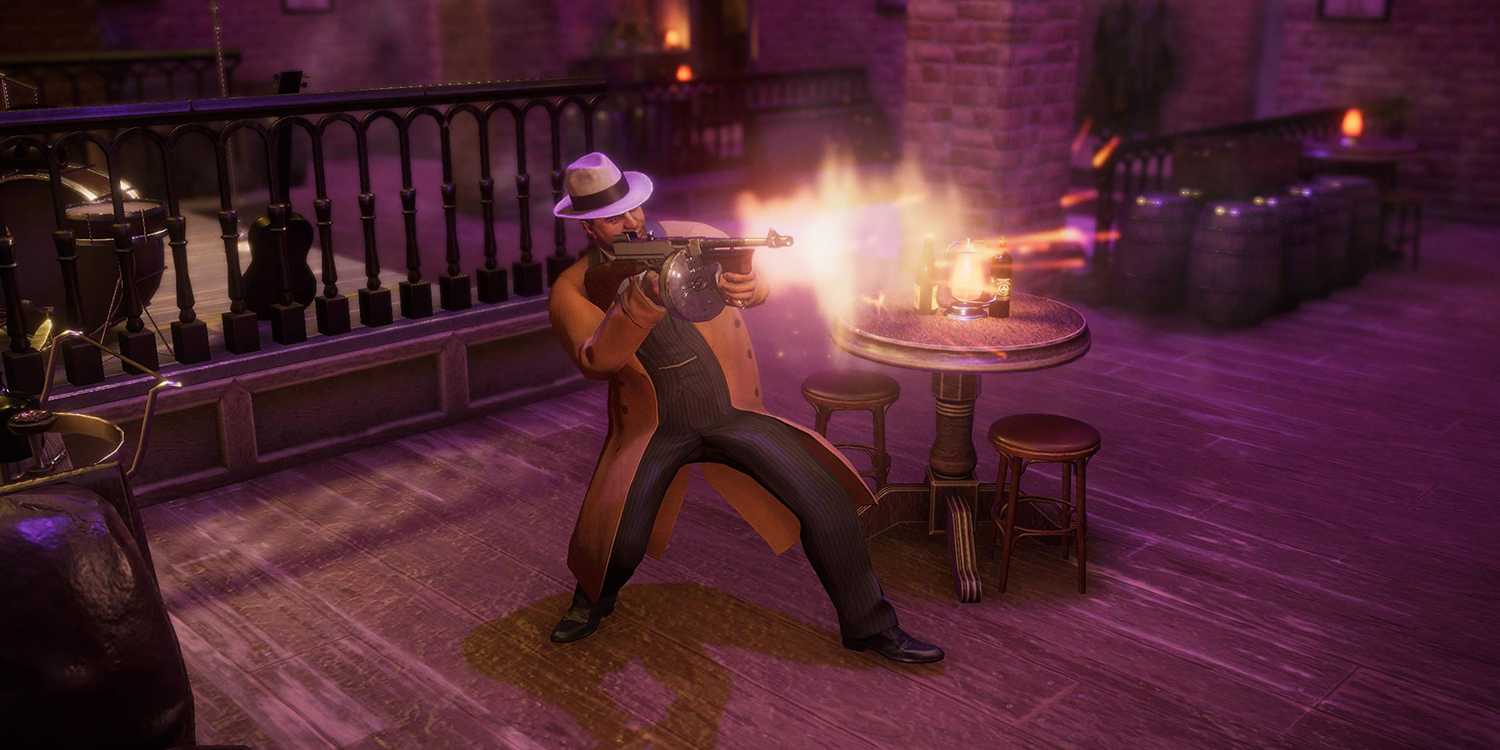 Empire of Sin gangster shooting a tommy gun