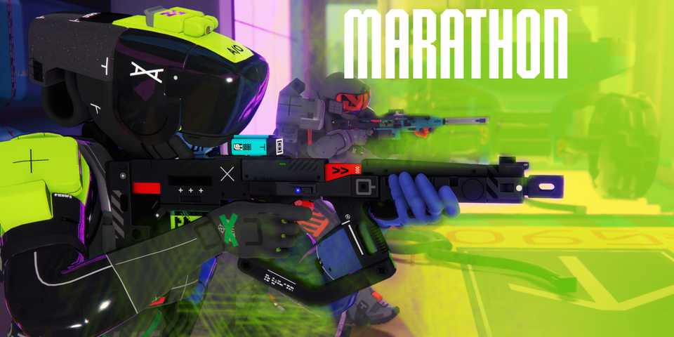 A promo screenshot for Bungie's 2025 extraction shooter Marathon, featuring two characters aiming assault rifles.