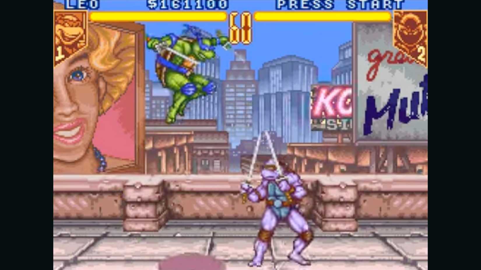 Una captura de pantalla de Leonardo luchando contra su clon en TMNT: luchadores del torneo