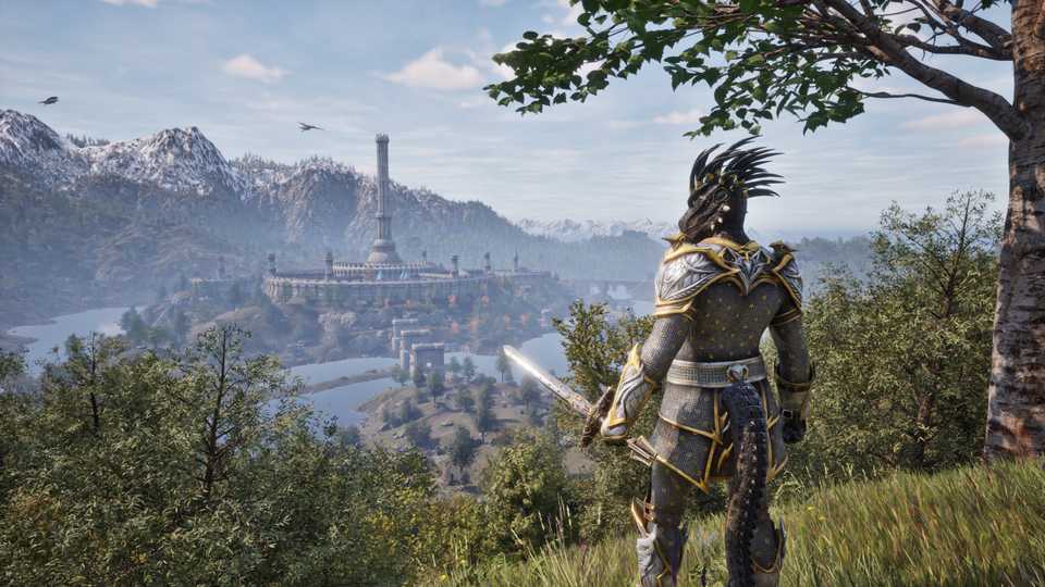 A player character holding a sword in Oblivion Remastered.