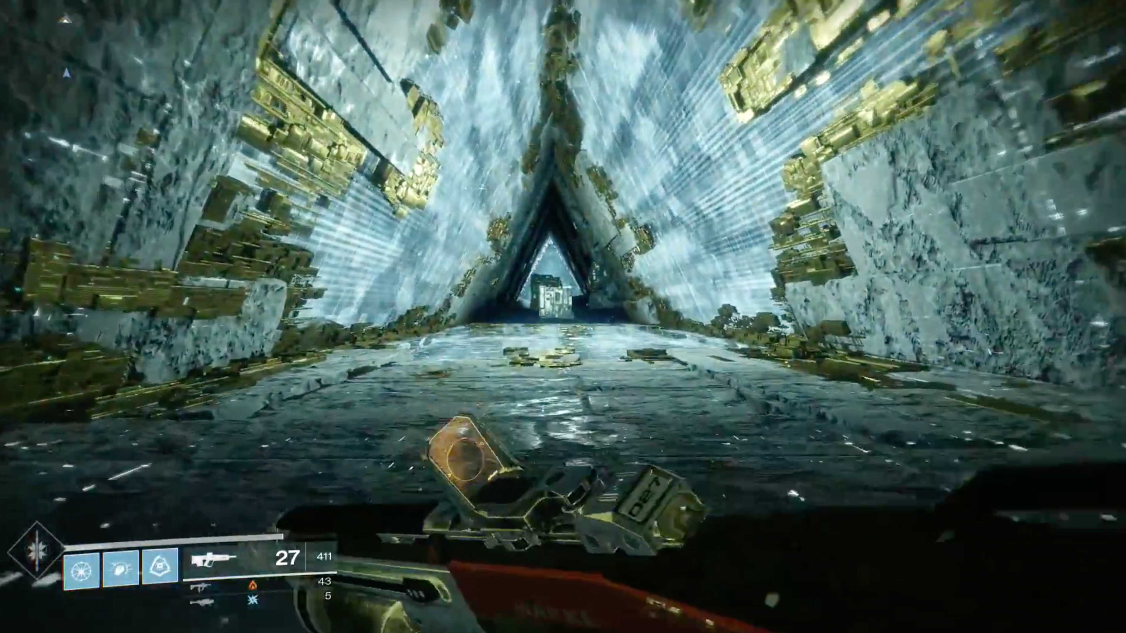 destiny 2 running down a triangle hallway