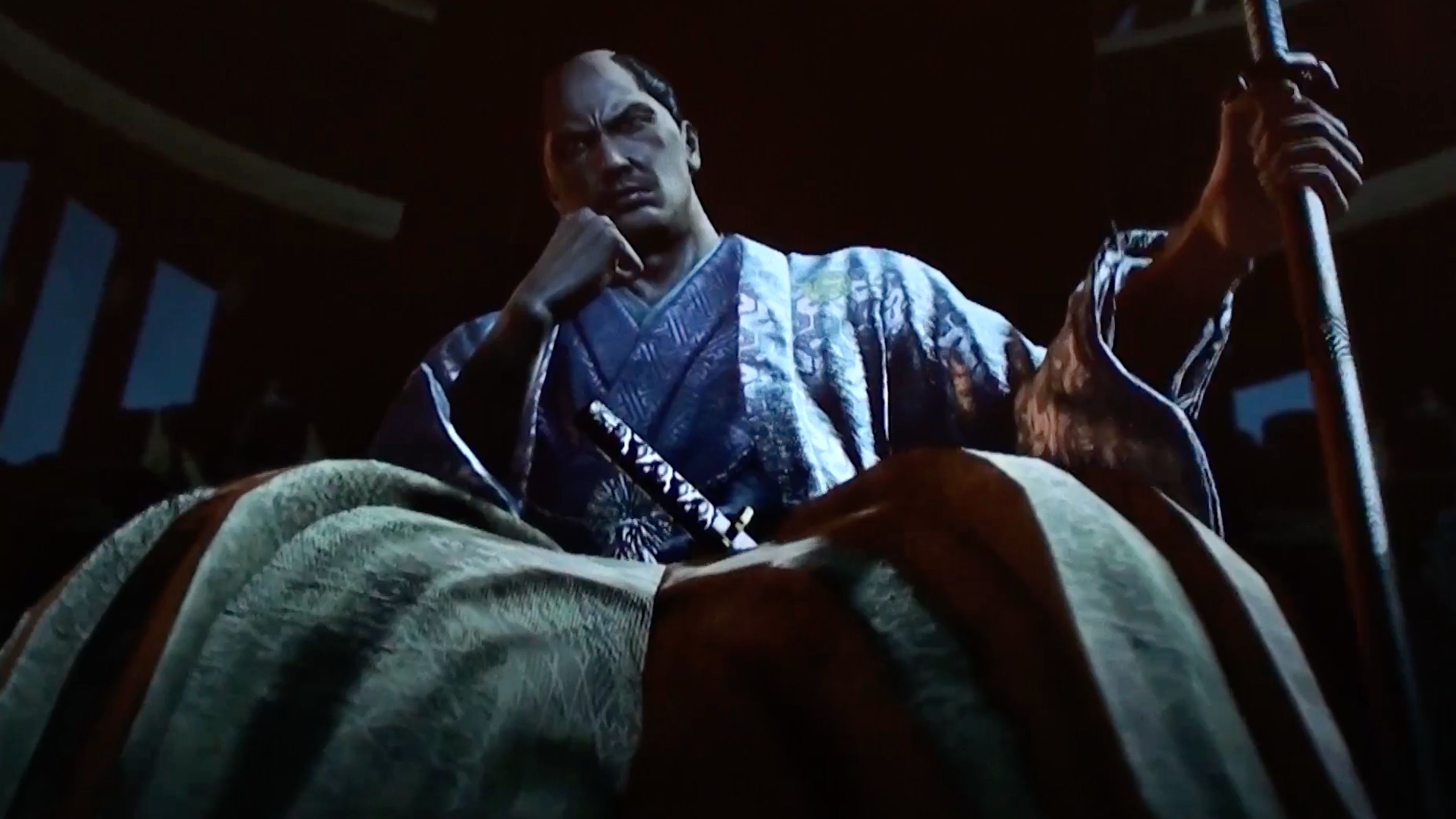 A screenshot of a a character sitting in in Like A Dragon: Ishin!