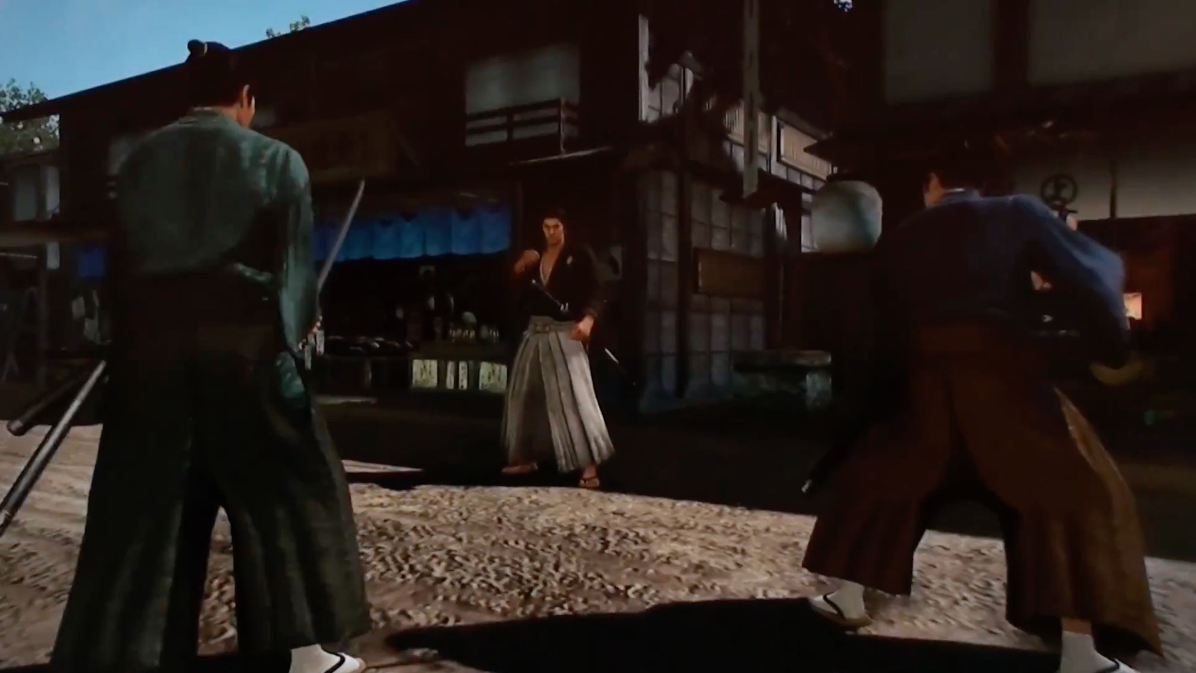 A screenshot of a standoff in in Like A Dragon: Ishin!