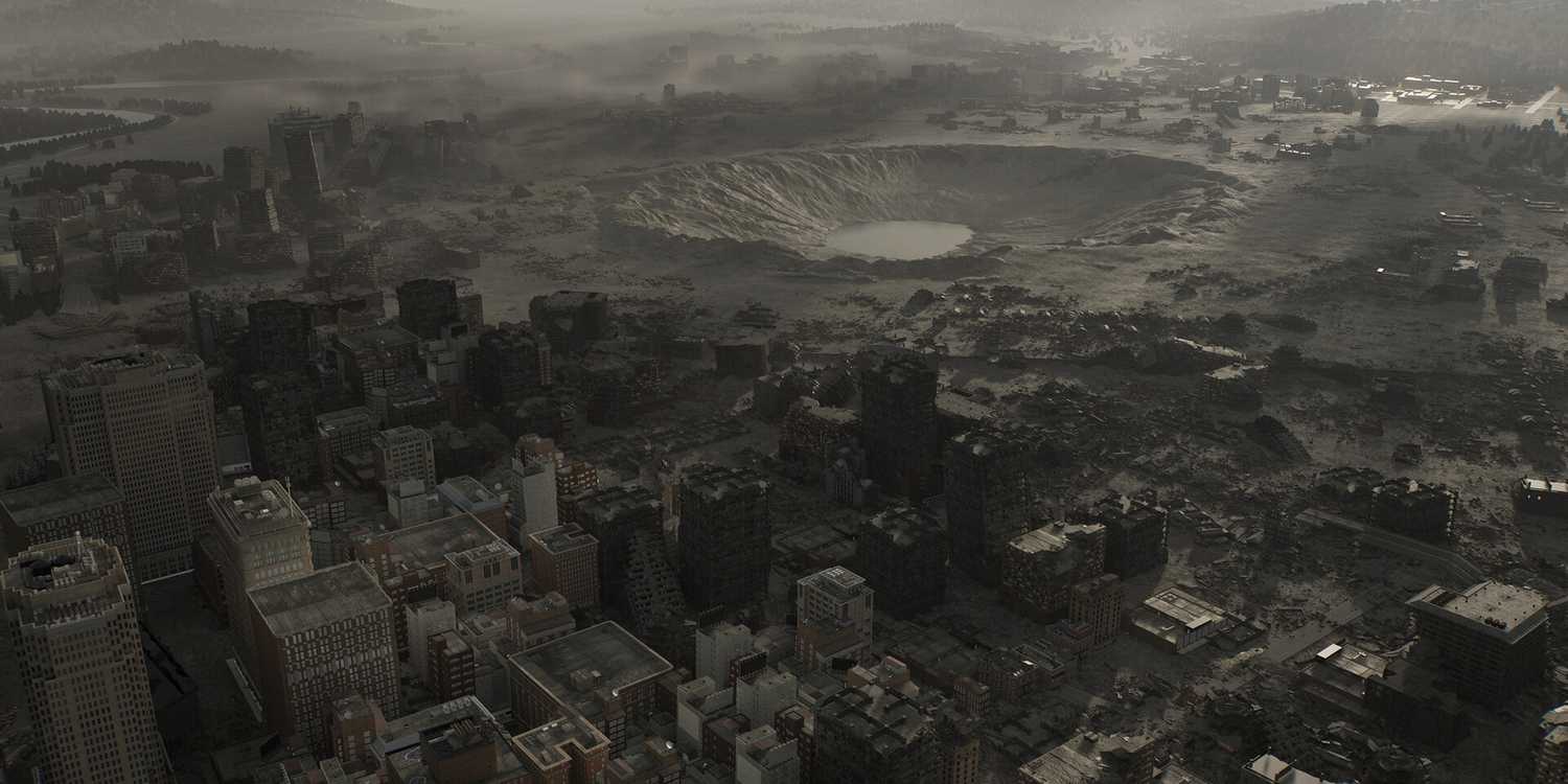 A screenshot of racoon city with a crater in Resident Evil Requiem