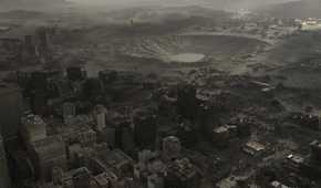 A screenshot of racoon city with a crater in Resident Evil Requiem
