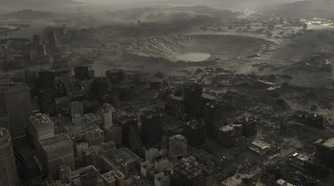 A screenshot of racoon city with a crater in Resident Evil Requiem