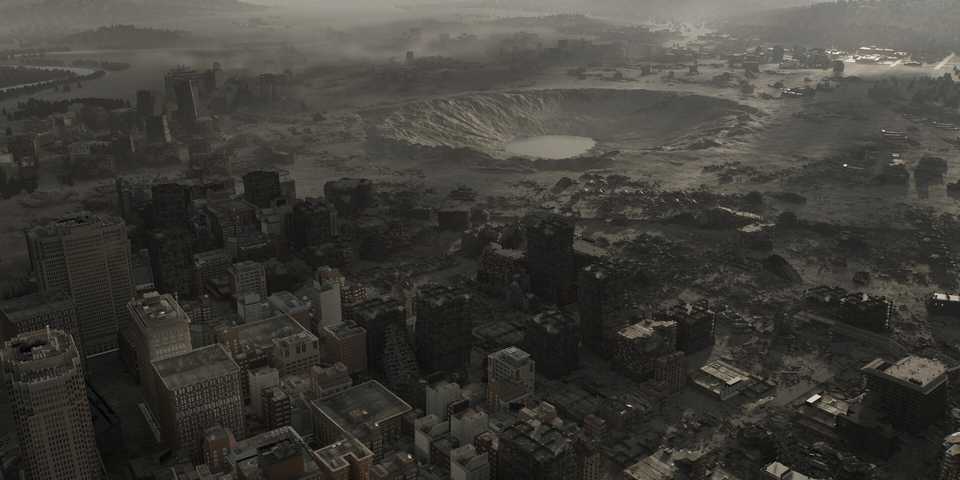A screenshot of racoon city with a crater in Resident Evil Requiem