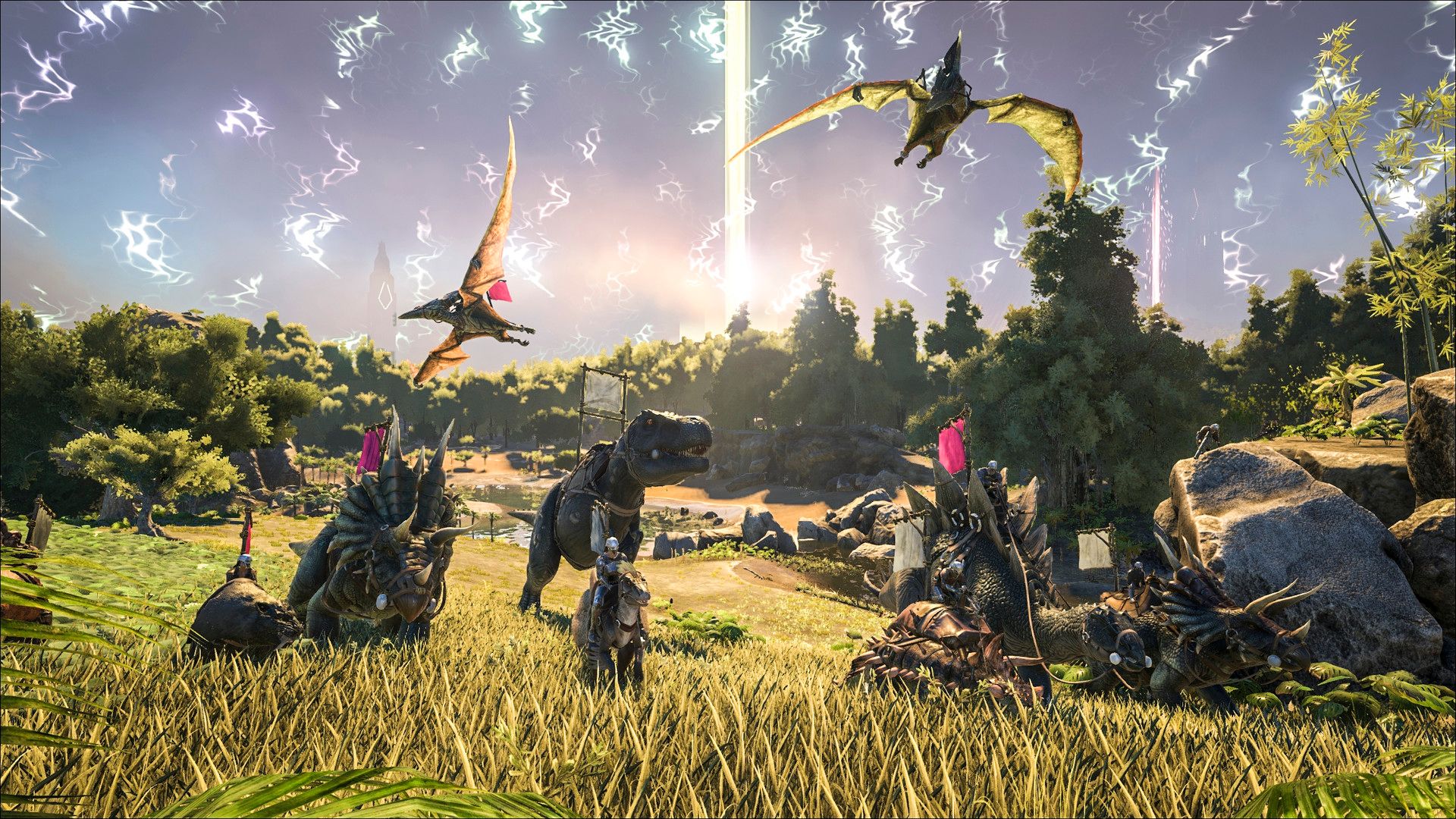 A field of dinosaurs