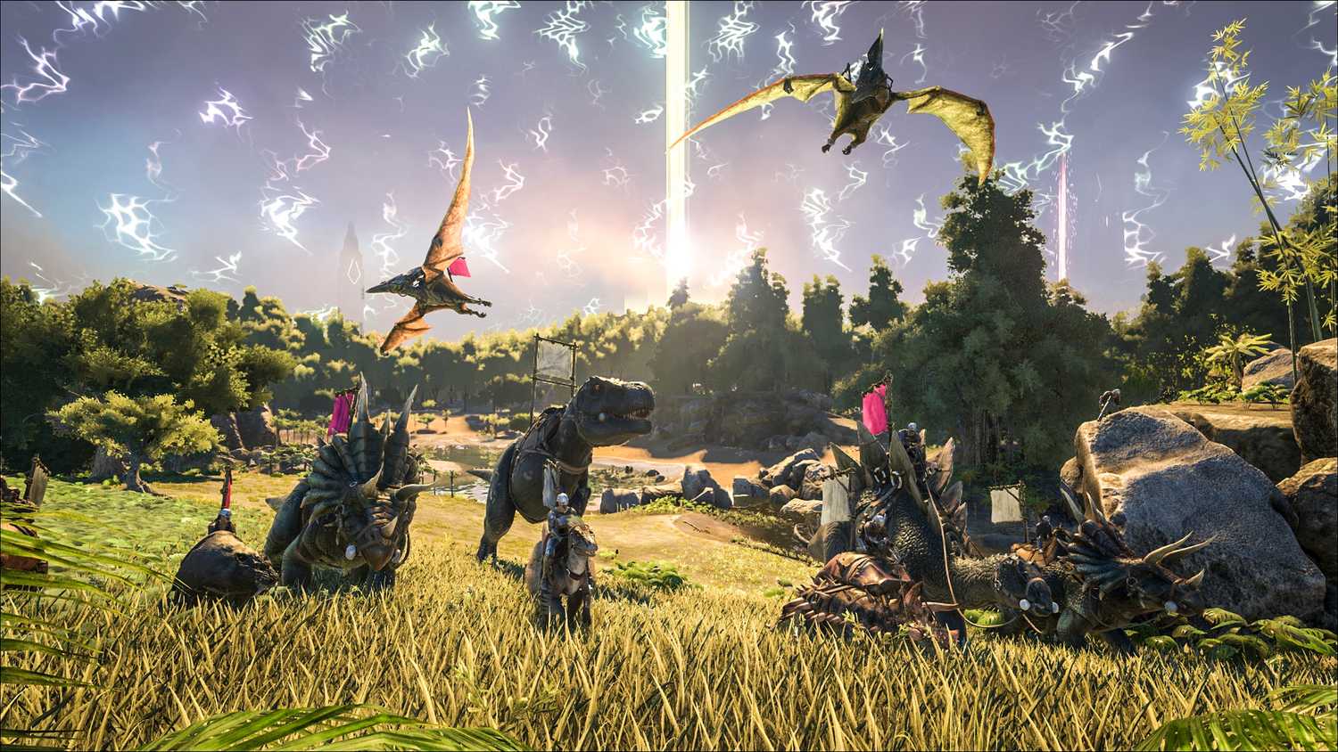 A field of dinosaurs