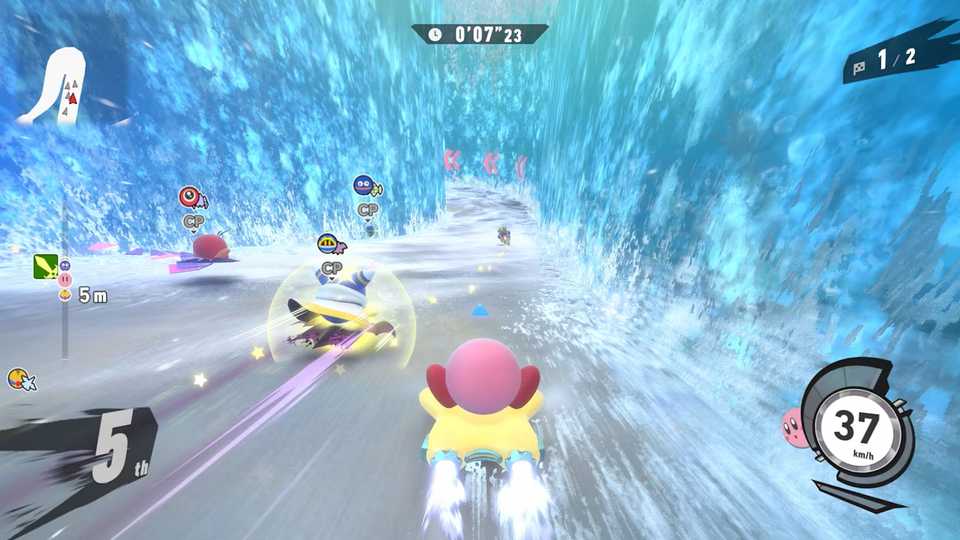 A screenshot of gameplay with Kirby racing against others in Kirby Air Riders