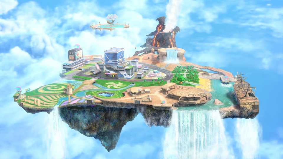 A screenshot of the floating island with race tracks in Kirby Air Riders