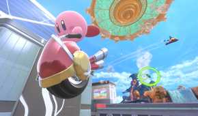 A screenshot of Kirby riding a machine in Kirby Air Riders