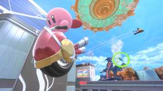 A screenshot of Kirby riding a machine in Kirby Air Riders