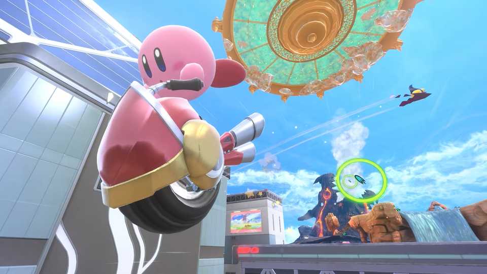A screenshot of Kirby riding a machine in Kirby Air Riders