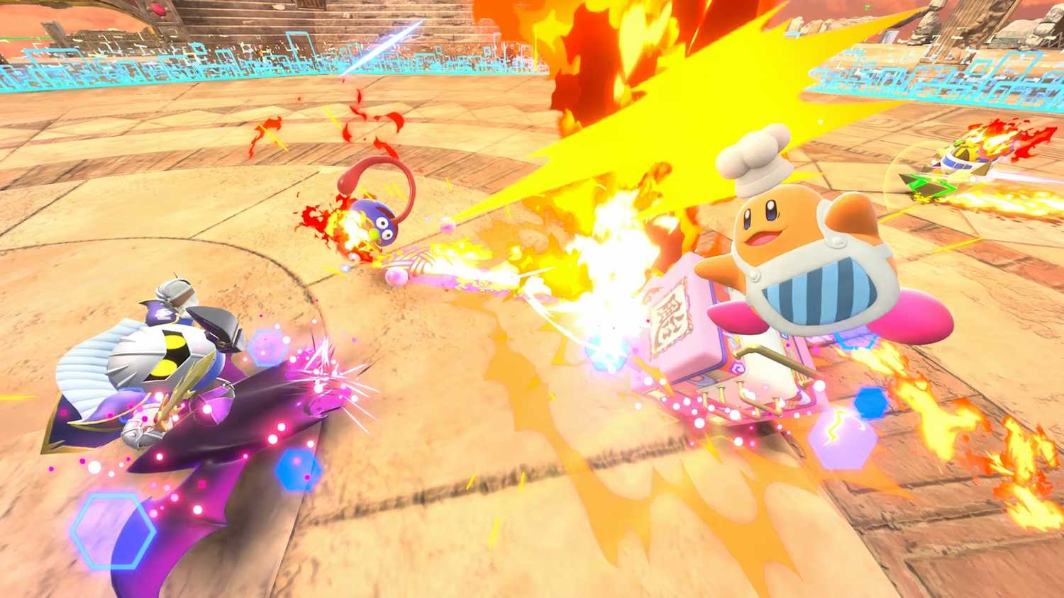 A screenshot of Meta Knight and other characters racing in Kirby Air Riders