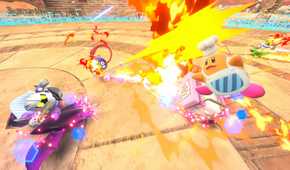 A screenshot of Meta Knight and other characters racing in Kirby Air Riders