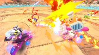 A screenshot of Meta Knight and other characters racing in Kirby Air Riders