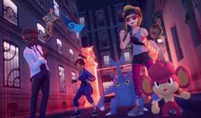 three trainers surrounded by pokemon