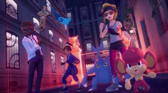 three trainers surrounded by pokemon