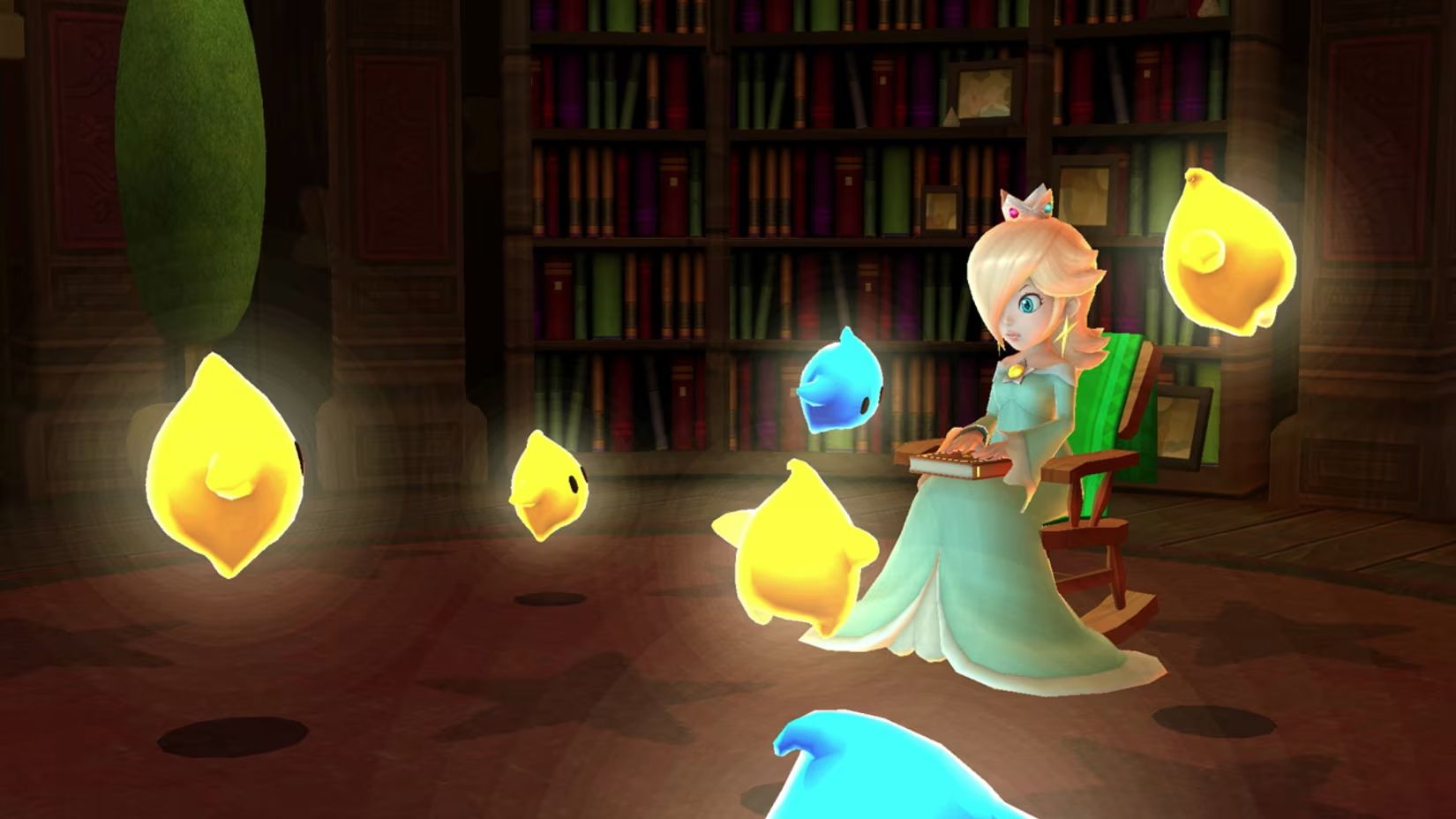 A screenshot of Rosalina with the Lumas in Super Mario Galaxy + Super Mario Galaxy 2