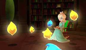 A screenshot of Rosalina with the Lumas in Super Mario Galaxy + Super Mario Galaxy 2