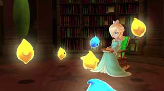 A screenshot of Rosalina with the Lumas in Super Mario Galaxy + Super Mario Galaxy 2