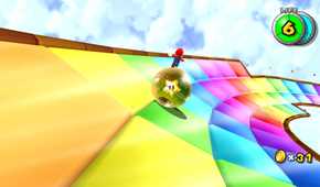 A screenshot of Mario on a star ball in Super Mario Galaxy + Super Mario Galaxy 2.