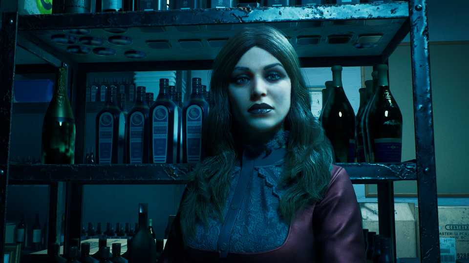 A lady with bottles of alcohol behind her