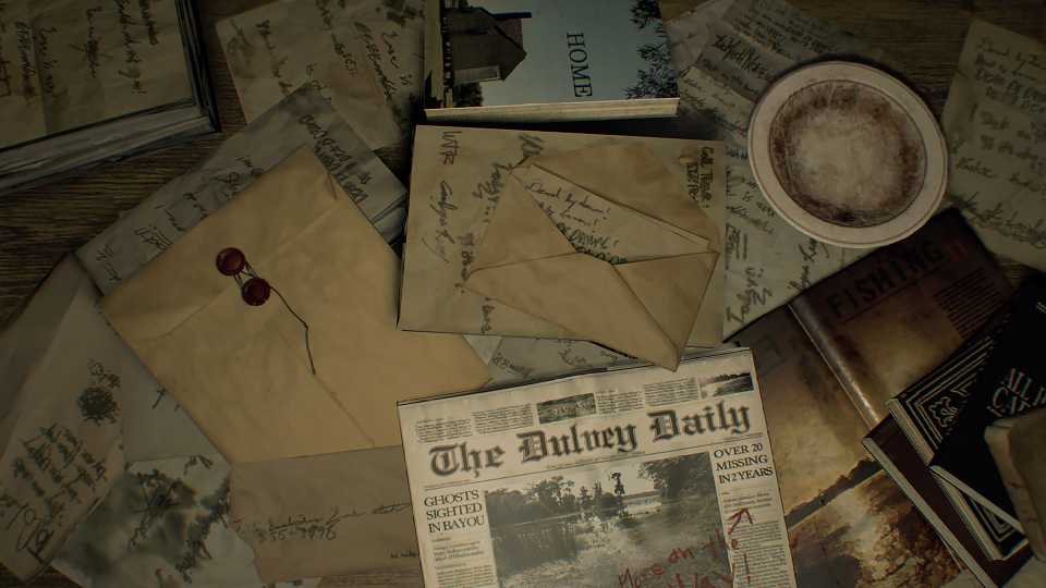 A screenshot of newspaper clips and letters in Resident Evil 7: Biohazard