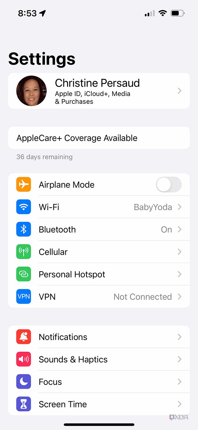iPhone settings app