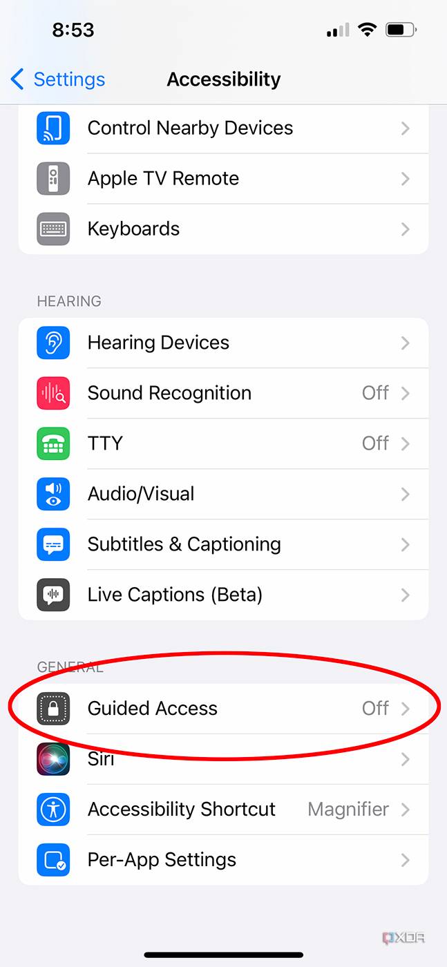 guided access section in accessibility settings
