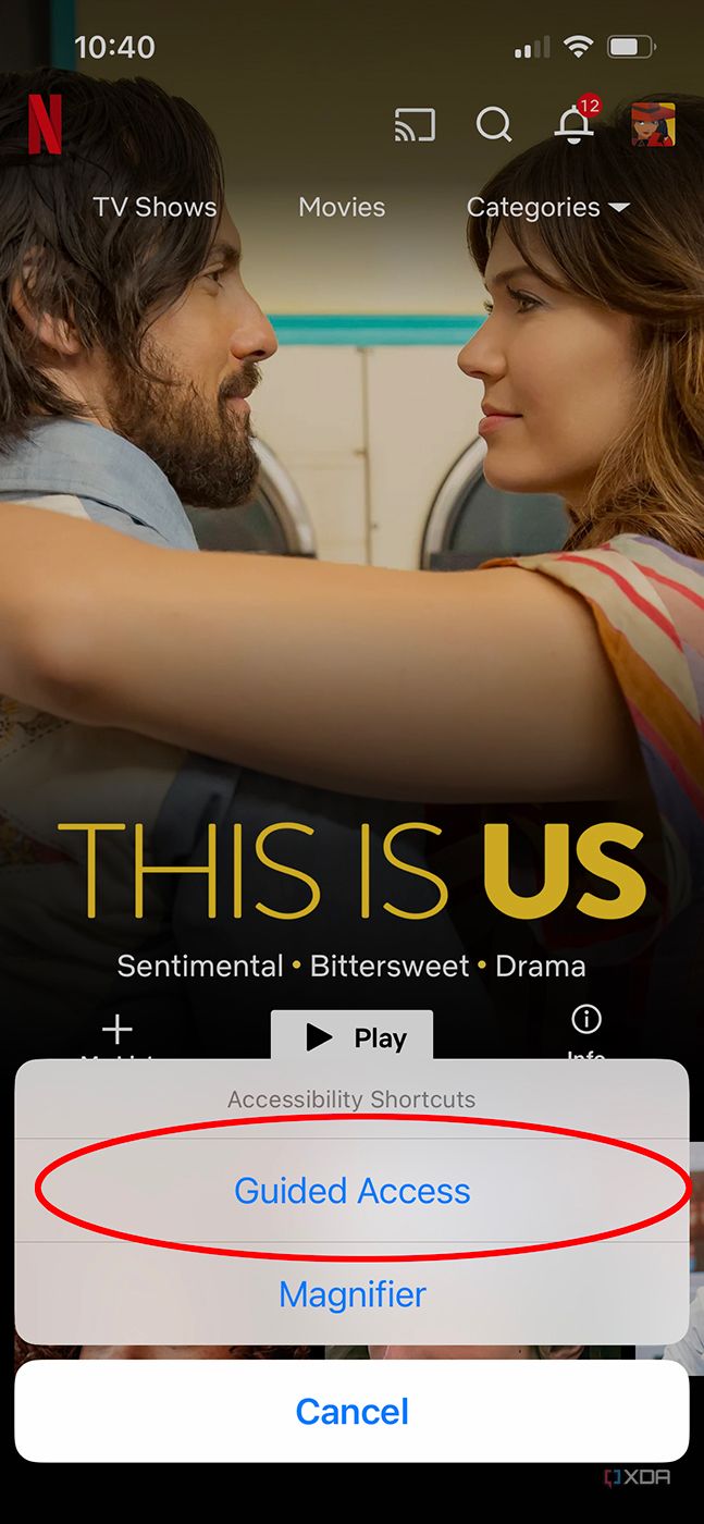 guided access button in the Netflix app on iPhone