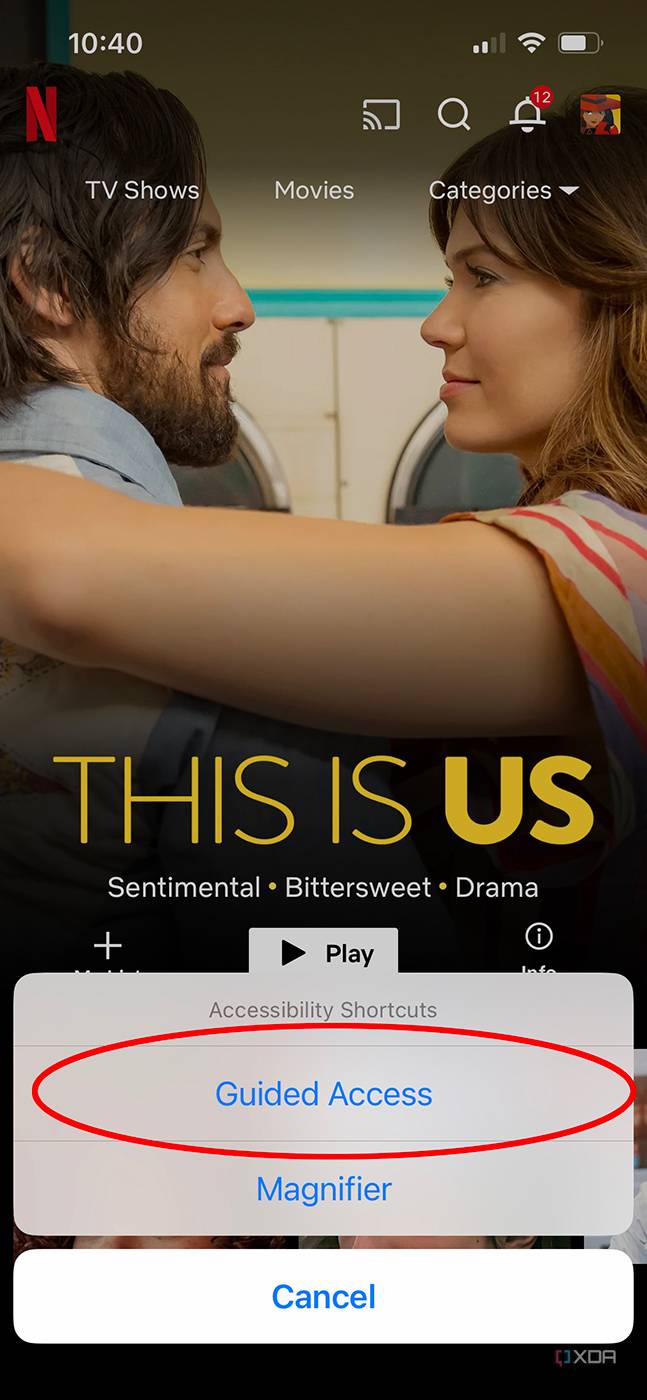 guided access button in the Netflix app on iPhone