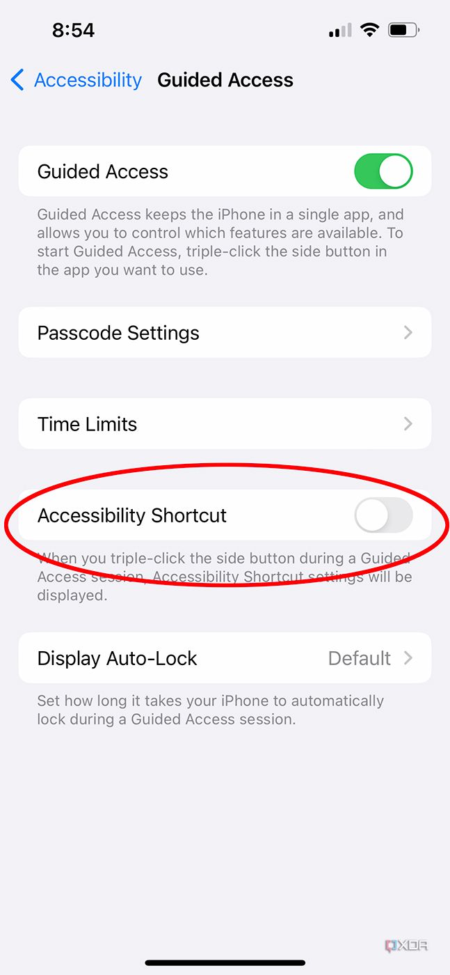 accessibility shortcut toggle in guided access settings