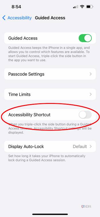 accessibility shortcut toggle in guided access settings