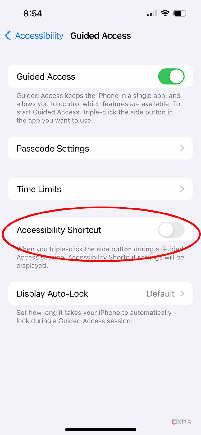 accessibility shortcut toggle in guided access settings