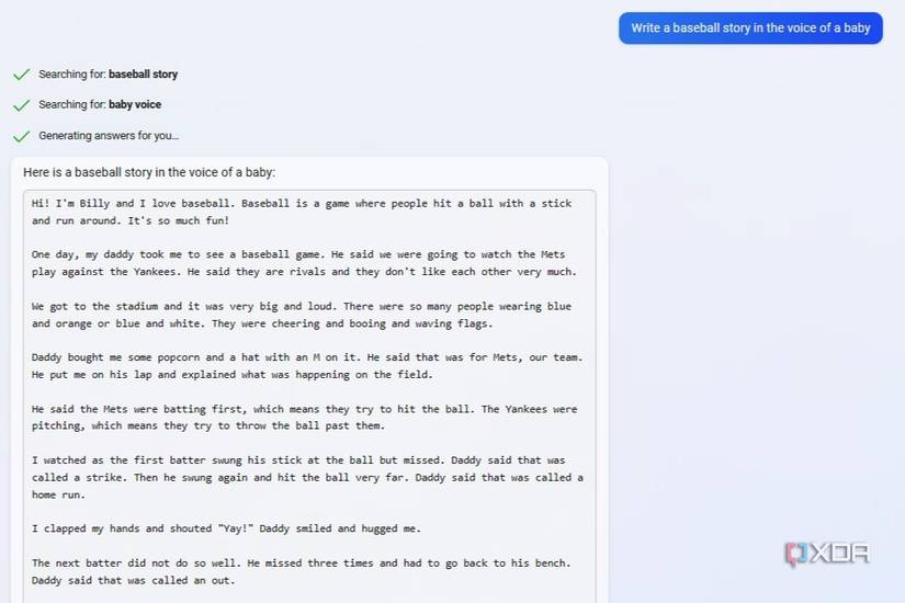 Asking Bing chat about a baseball story