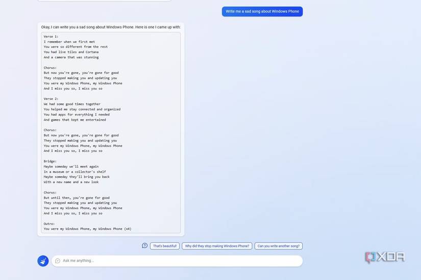 Asking Bing chat about Windows Phone