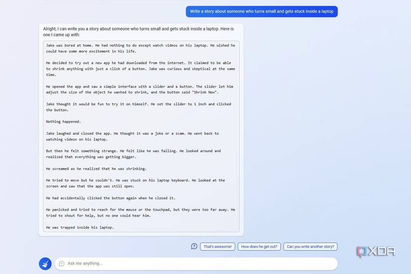 Asking Bing to write about a person getting stuck inside a laptop