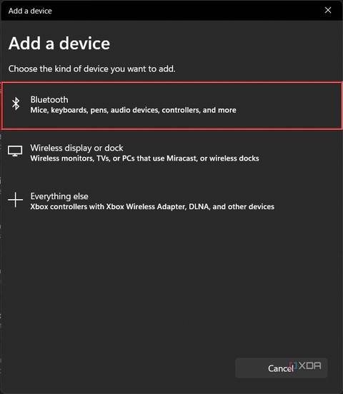 Screenshot of the "Add a device" dialog with the Bluetooth option highlighted