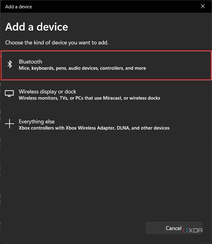 Screenshot of the "Add a device" dialog with the Bluetooth option highlighted