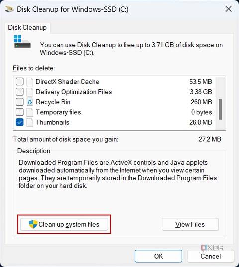 Screenshot of Disk Cleanup with the Cleanup system files button highlighted