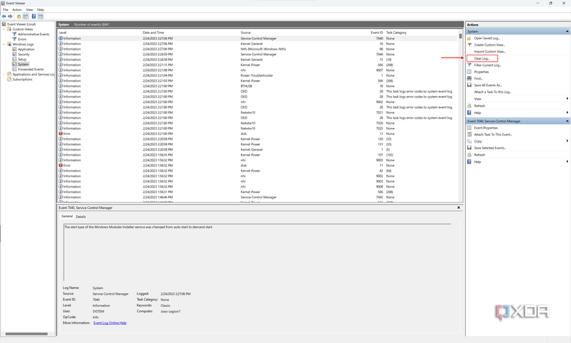 Screenshot of Event Viewer with the option to clear the log highlighted