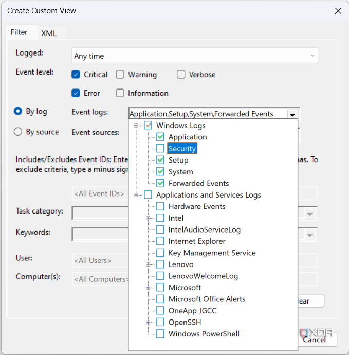 Screenshot of custom view filters with the list of event logs expanded